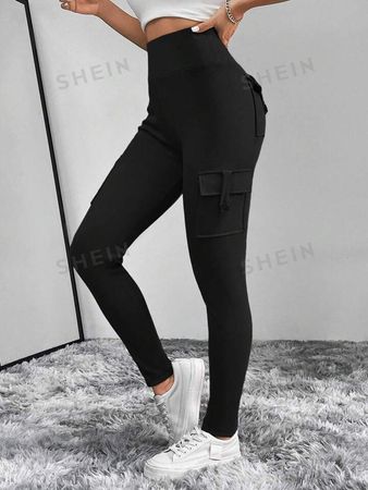 SHEIN Essnce Women's Wide Waistband Flip Cover Pocket Leggings | SHEIN