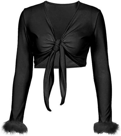 Women Sexy Tie Up Feather Cuff Crop Top Deep V Neck Long Sleeve Shirt Faux Fur Wrapped Blouse