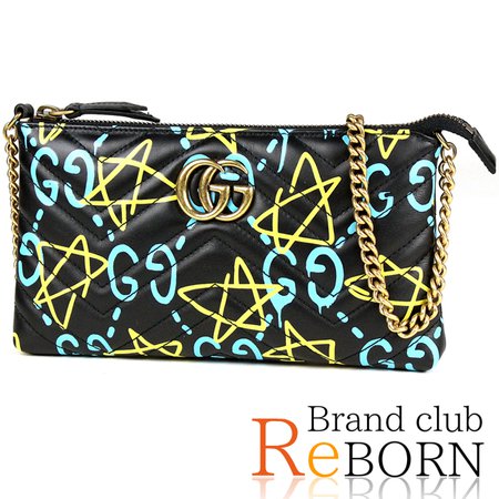 Brand club ReBORN: Gucci /GUCCI Gucci ghost chain wallet quilting leather black X blue X yellow X antique gold metal fittings 448098 | Rakuten Global Market