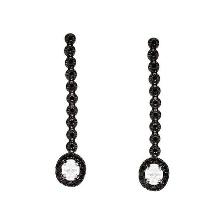 Round Black and Oval White Diamond Drop Earrings 14K Gold For Sale at 1stDibs