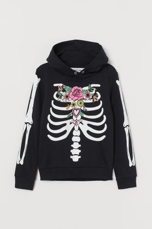 Printed Hooded Sweatshirt - Night black/skeleton - Kids | H&M US