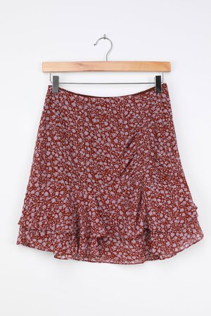 Rust Brown Floral Print Skirt - Ruffled Skirt - Floral Mini Skirt