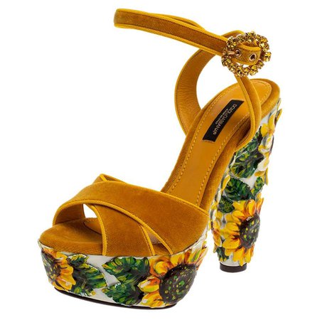 Dolce and Gabbana Yellow Sunflower Print Velvet Platform Sandals Size 36 For Sale at 1stDibs