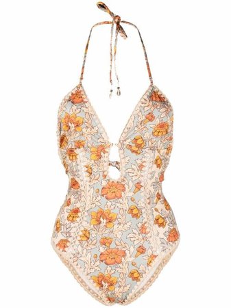 Shop ZIMMERMANN crochet-panel floral-print swimsuit with Express Delivery - FARFETCH