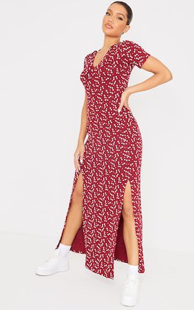Burgundy Red Ditsy Floral Split Detail Maxi Dress | PrettyLittleThing USA