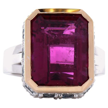 12.22 Carat Emerald Cut Rubelite and Diamond Cocktail Two Tone Ring in 18 Karat For Sale at 1stDibs