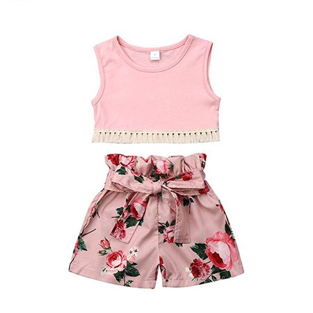Amazon.com: Toddler Baby Girl Summer Clothes Sleeveless Tassel Tank Tops and Floral Ruffle Shorts Set 2Pcs Outfits (Pink, 4T): Clothing