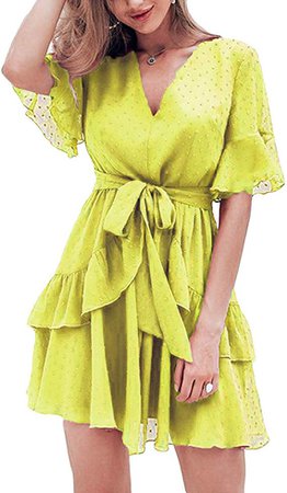 FENJAR Women Cute V Neck Short Sleeve Dresses Polka Dot Swing Ruffle Hem Mini Party Dress at Amazon Women’s Clothing store