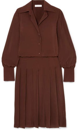 Pleated Silk Crepe De Chine Dress - Brown