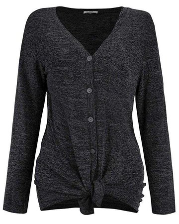VOTEPRETTY Women's V-Neck Long Sleeves Button Down Tie Front Knot Casual Loose T-Shirt Tops(Gray, M) at Amazon Women’s Clothing store: