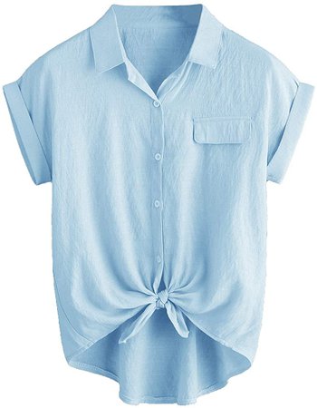 Milumia Women Casual V Neck Collar Knot Hem Button Down Rolled Cuff Short Sleeve Work Blouses Shirt Tops Blue XX-Large at Amazon Women’s Clothing store