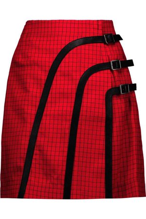 J.W.ANDERSON Leather-trimmed checked wool and mohair-blend wrap mini skirt