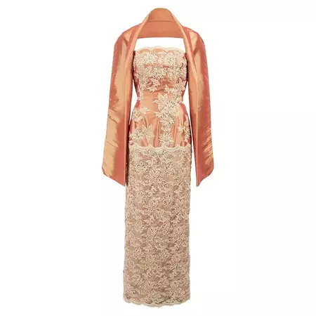 Jovani Women's Orange Strapless Beaded Gown and Shawl For Sale at 1stDibs
