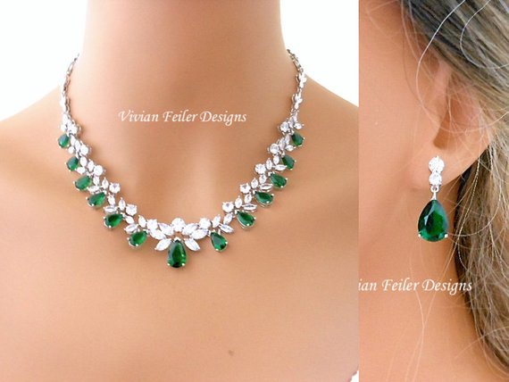 Bridal Jewelry Set EMERALD Green Wedding NECKLACE and EARRINGS Navy Blue Flower Wedding Jewelry Cubic Zirconia