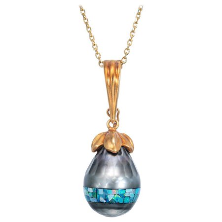 Robin Rotenier Cultured Black South Sea Pearl Opal Yellow Gold Pendant Necklace For Sale at 1stdibs