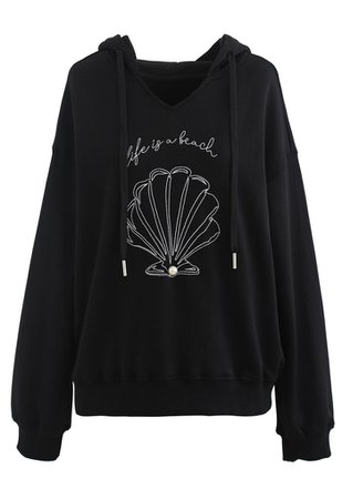 Scallop Embroidered Pearl Trim Hoodie in Black - Retro, Indie and Unique Fashion