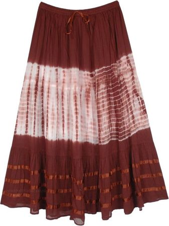 Cinnamon Brown Cotton Skirt with Tie Dye and Ribbon Details