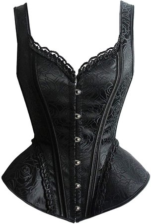 Women Gothic Vintage Steampunk Boned Lace Overbust Satin Shoulder Strap Corset Bustier Top at Amazon Women’s Clothing store