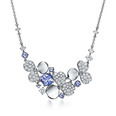 Tiffany Paper Flowers™ diamond and tanzanite cluster necklace in platinum. | Tiffany & Co.