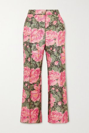 Cropped Metallic Floral-jacquard Straight-leg Pants - Pink