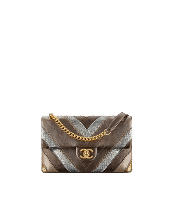 Chanel, Charcoal, Silver & Bronze-LambskinElaphe Calfskin Patchwork Chevron Small Flap Bag