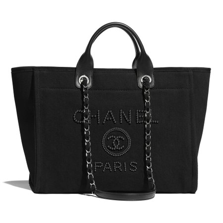 Mixed Fibers, Imitation Pearls, Silver-Tone Metal Black Large Shopping Bag | CHANEL