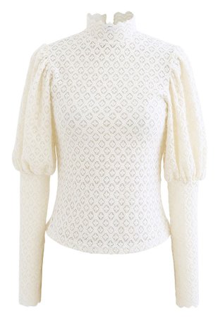 Full Lace Puff Sleeves Top in Cream - Retro, Indie and Unique Fashion
