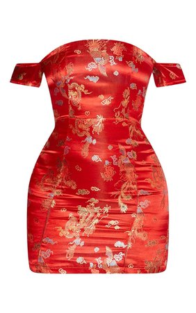 Red Oriental Jacquard Bardot Bodycon Dress | PrettyLittleThing
