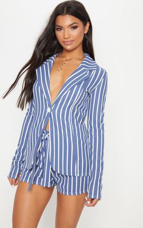 Blue Striped Blazer | Coats & Jackets | PrettyLittleThing