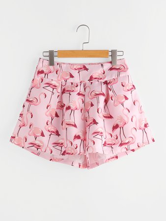 Flamingo Print Zipper Side Shorts
