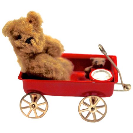 BEAR & CUB & DRUM in Little Red Wagon - Miniature : DejaVu a Deux | Ruby Lane