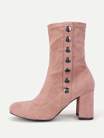 Side Button Block Heeled Ankle Boots