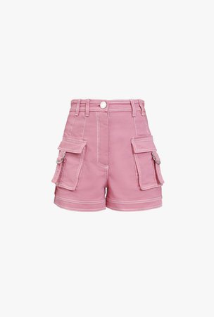 High Waisted Pink Denim Cargo Shorts for Women - Balmain.com