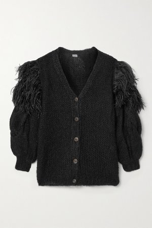 Black Oversized feather-trimmed cable-knit mohair-blend cardigan | Loewe | NET-A-PORTER