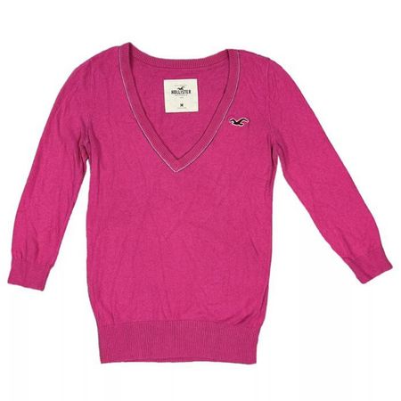 Y2K Mid 2000s Hollister hot pink v neck sweater. - Depop