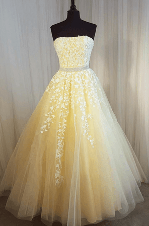 Yellow Tulle Long Prom Dress with Applique,Sweet 16 Dress, Pageant Dre – Superbnoiva in 2020 | Champagne prom dress long, Prom dresses yellow, Prom dresses lace