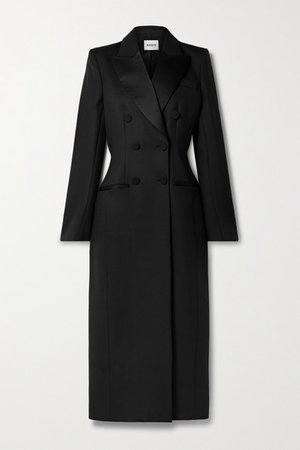 Tania Double-breasted Satin-trimmed Twill Coat - Black
