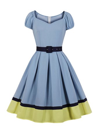 1950S Retro Dress Sweetheart Neck Pleated Layered Short Sleeves Medium Color Block Sky Blue Rockabilly Dress - Milanoo.com