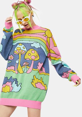 Current Mood Colorful Mushroom Rainbow Oversized Sweater - Rainbow/Multi – Dolls Kill