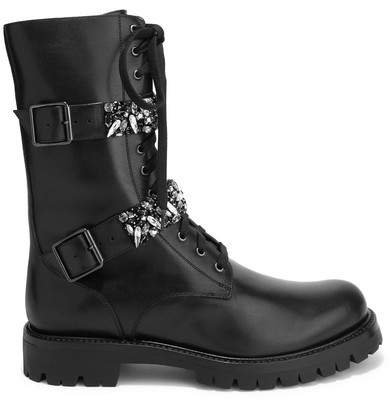 Lace-up Crystal-embellished Leather Boots - Black