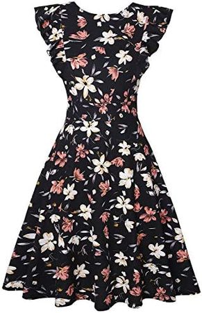 IHOT Women's Work Dress for Office Vintage Ruffle Sleeveless Floral Flared A Line Swing Formal Elegant Business Dresses with Pockets Dark Blue Floral Large at Amazon Women’s Clothing store