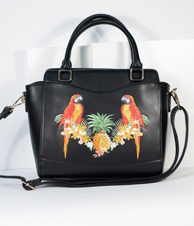 Black Embroidered Parrot Leatherette Purse – Unique Vintage