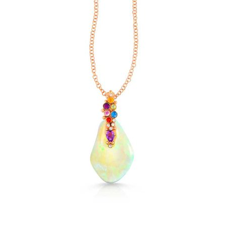 Organique Organic Shape Ethiopian Opal Pendant Necklace with Multi-Color Sapphires, Amethyst, Diamonds, 14K Rose Gold - Loriann Jewelry