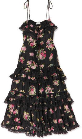 Honour Lace-trimmed Tiered Floral-print Silk Dress - Black