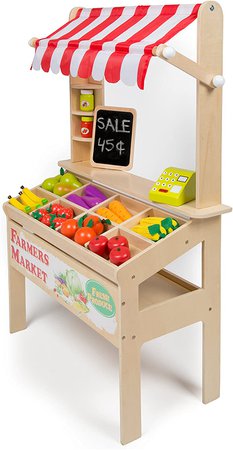 Amazon.com: Wooden Farmers Market Stand - Kid's Playroom Furniture Grocery Stand for Pretend Play (30+ Pieces) - Includes Fruit, Chalkboard, and Cash Register: Toys & Games