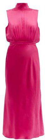 Fleur High Neck Silk Satin Midi Dress - Womens - Pink