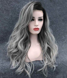 Hot Ice/Grey with White Highlights and Black Rooted Synthetic Lace Front Wig (Heat Friendly) - UniWigs ® Official Site