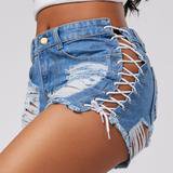 Hot Item-Women's Lace-Up Denim Thigh Side Strings Ripped Jean Shorts – Creamtoe B&R