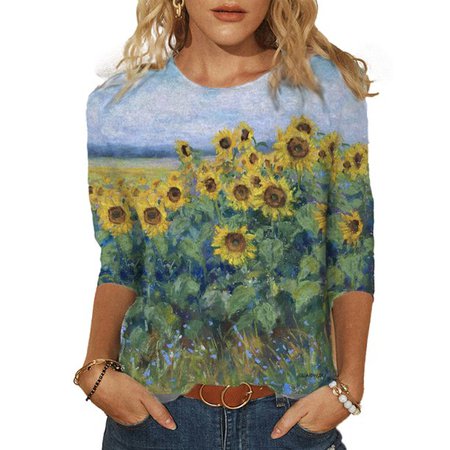 Wearella - Women's Crew Neck Butterfly Floral Tee 3/4 Sleeve T Shirts Casual Tops Blouse - Walmart.com - Walmart.com