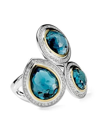 Shop Ippolita 2T Rock Candy® 3-Stone 18K Gold, Sterling Silver, London Blue Topaz & Diamond Ring | Saks Fifth Avenue